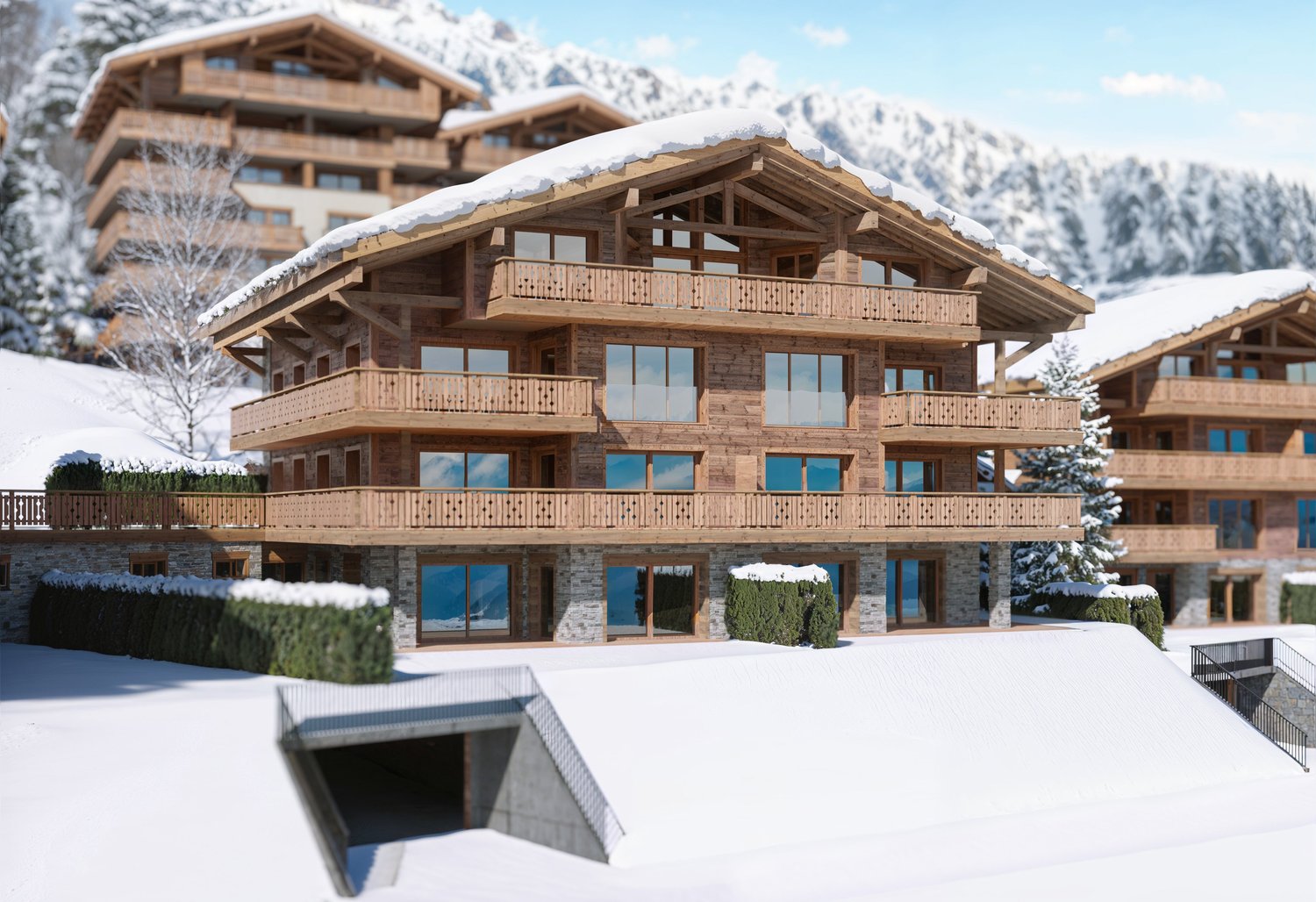 multi-level chalet with balconies, wooden exterior, set on a snowy hillside with a mountain backdrop