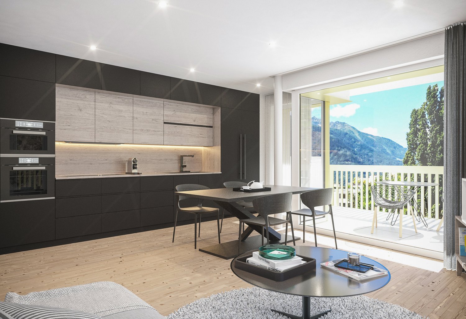 modern kitchen with dining table, balcony with table and chairs, large windows, couch, round table, open shelves
