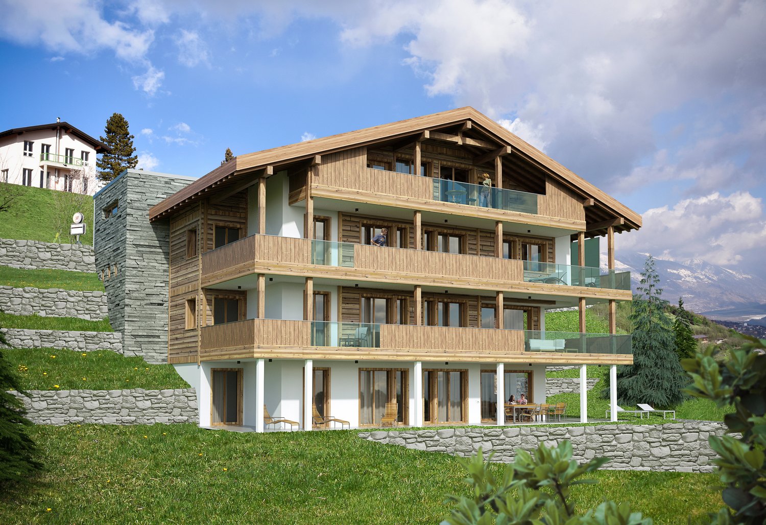 3 story house, wooden exterior, multiple balconies, stone wall foundation, garden, mountain view