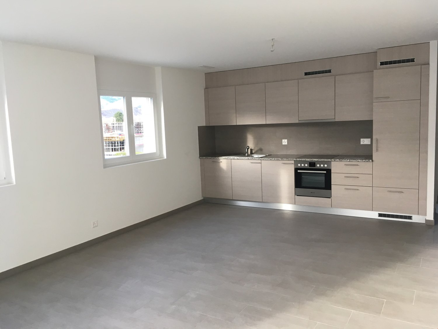 modern, gray tiles, cabinets, oven, sink, window