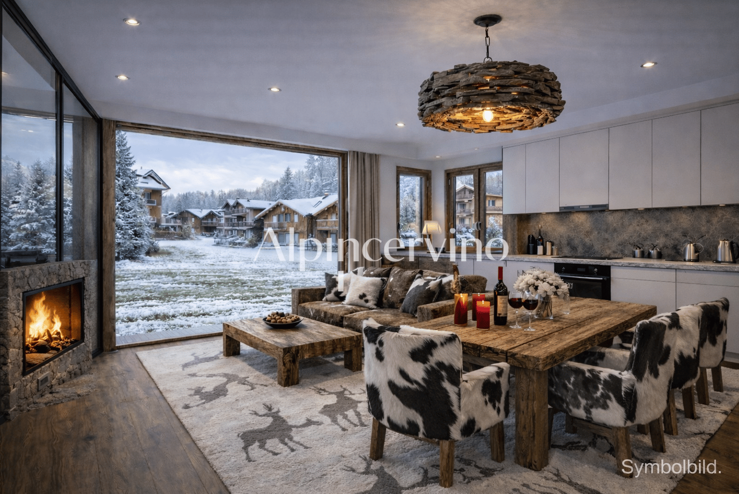 modern design, fireplace, wooden floor, large windows, couch, coffee table, wooden table, chairs, chandelier, open kitchen