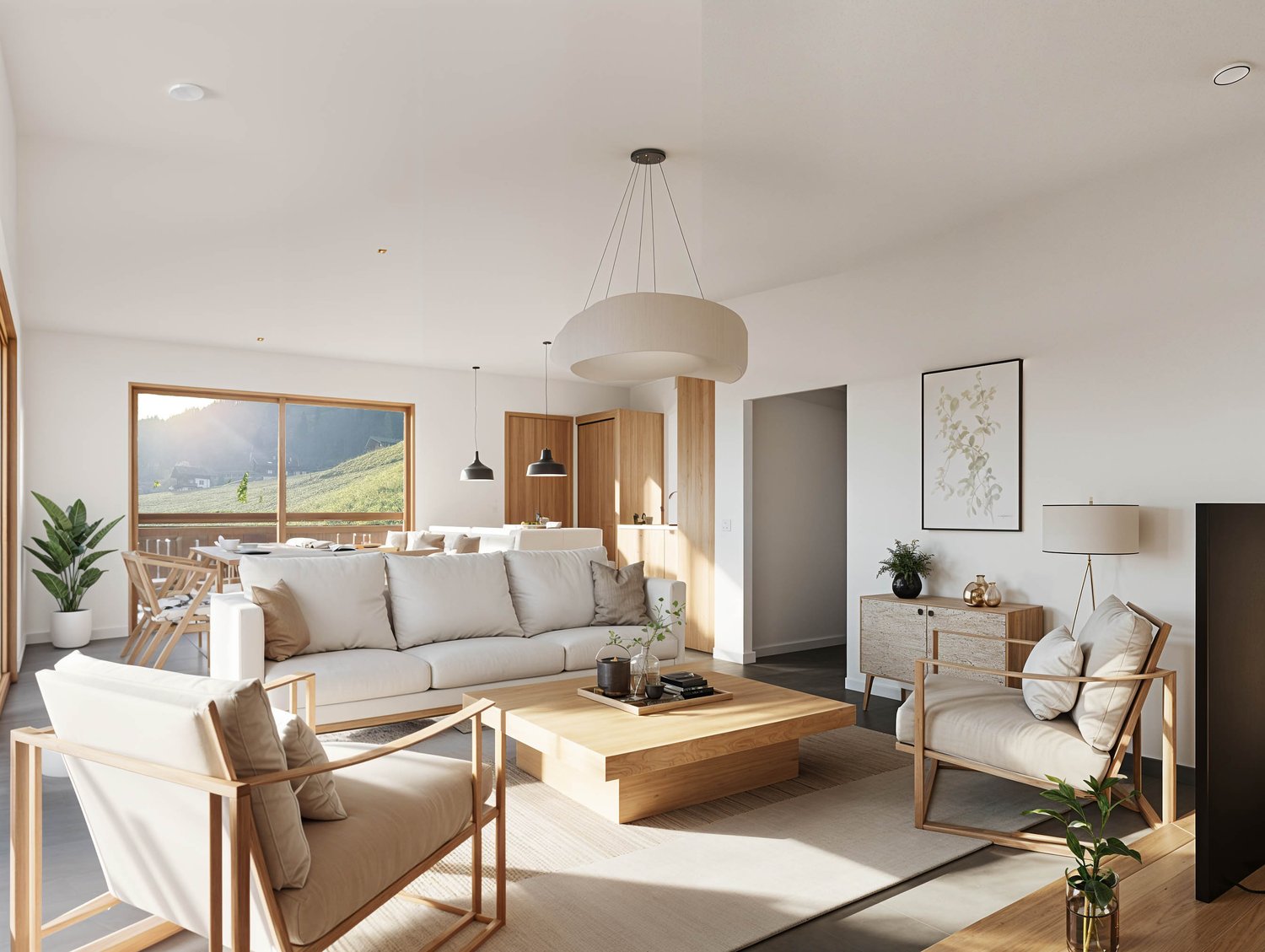 modern living room with white sofa, wooden coffee table, carpet, wooden chairs, lamp, frame, plants, view of hills