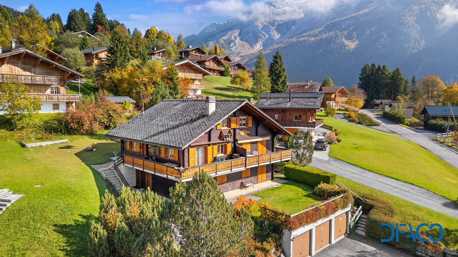 detached chalet style house, balcony, parking, trees, mountainous area