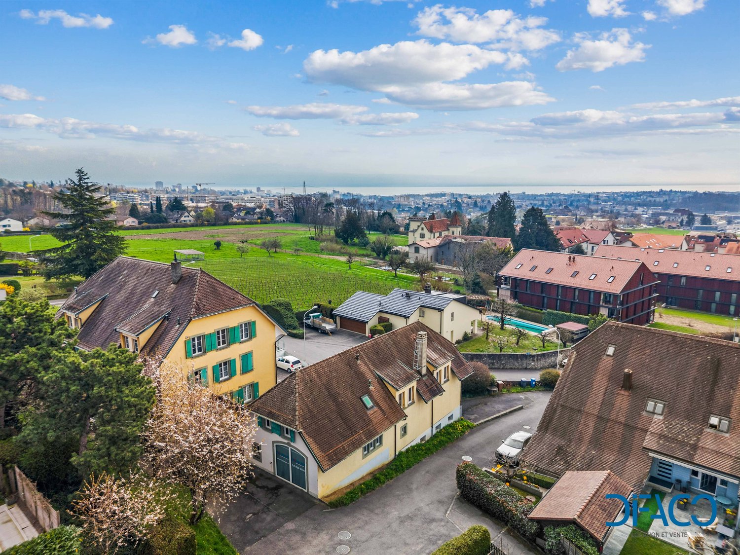 Aerial view of a neighborhood with several houses, a swimming pool, and a city skyline in the distance.