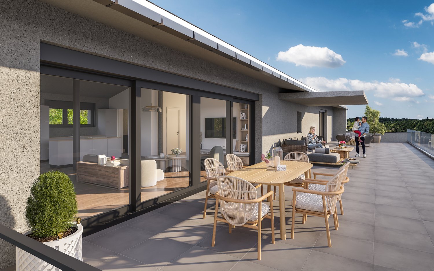 Terrace with table and chairs, potted plant, sliding glass doors, furniture inside visible, couple standing outside