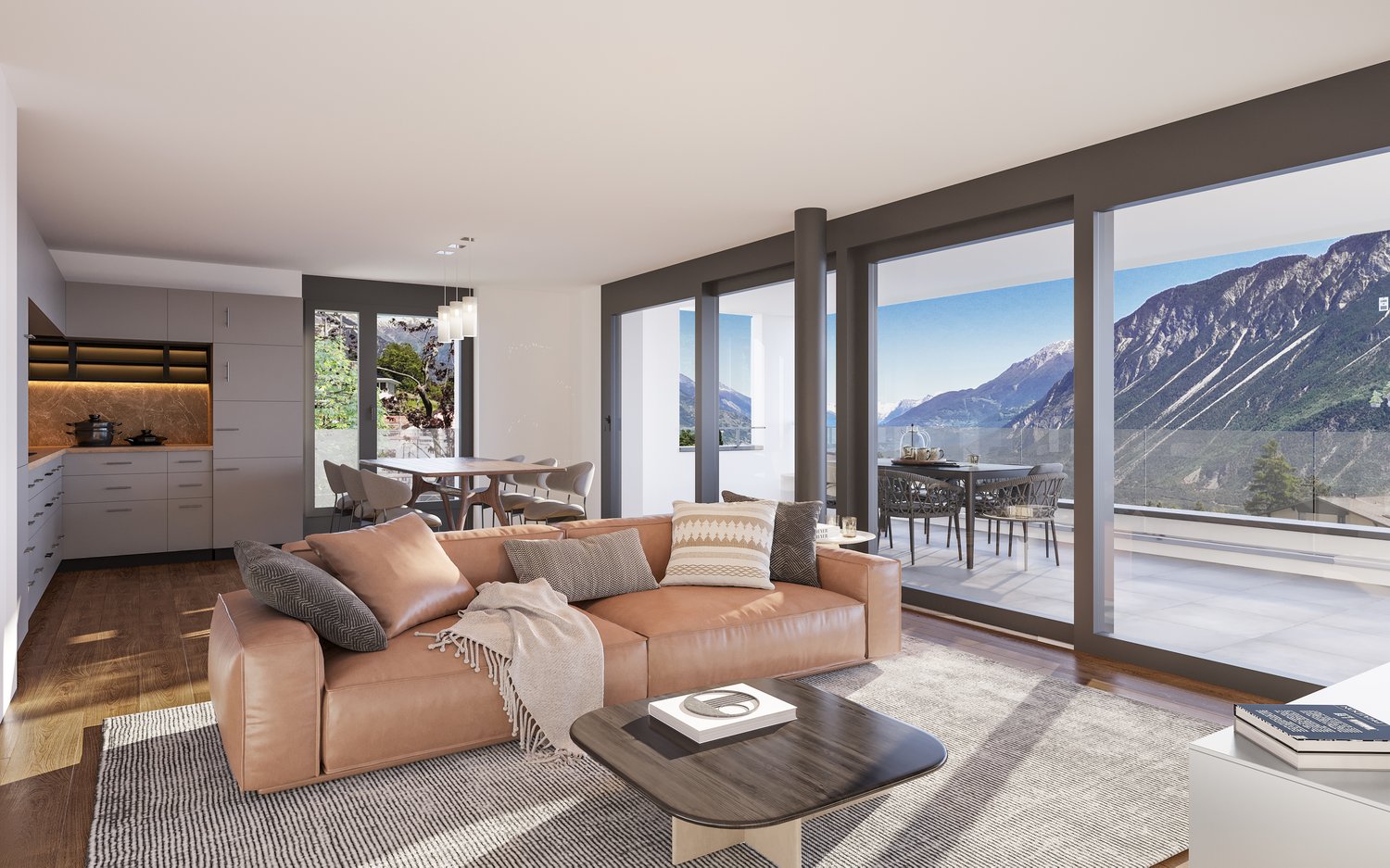 Modern living room, large windows, leather sofa, coffee table, dining table and chairs on balcony, kitchen, carpet