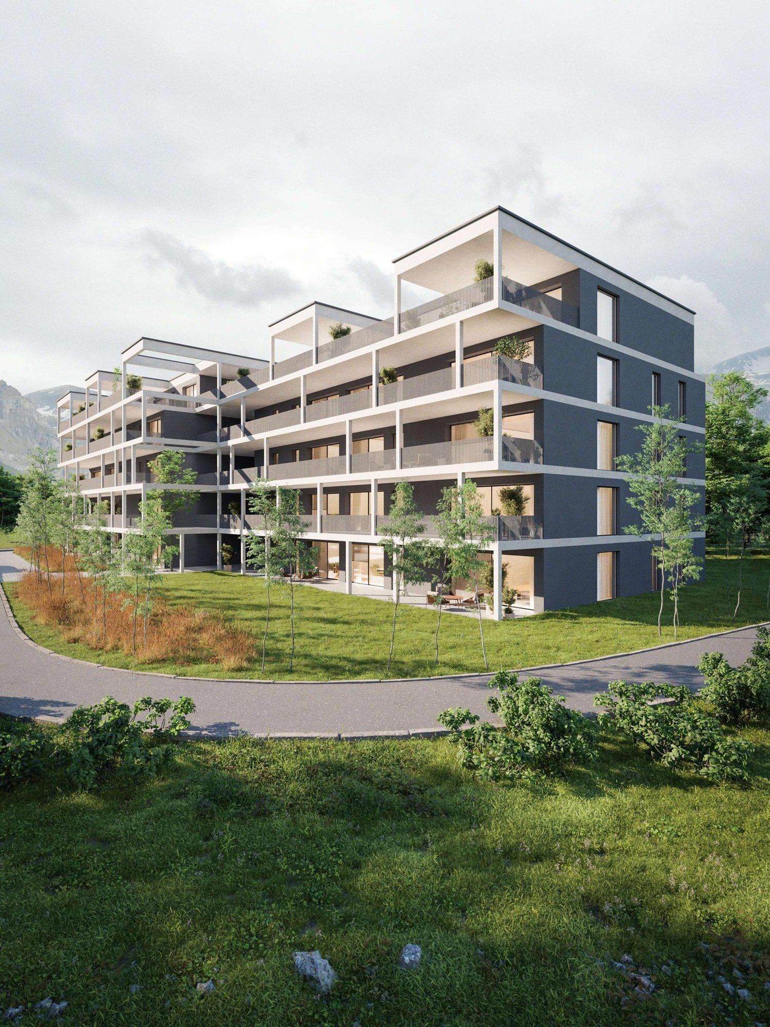 modern apartment building with many balconies and terraces