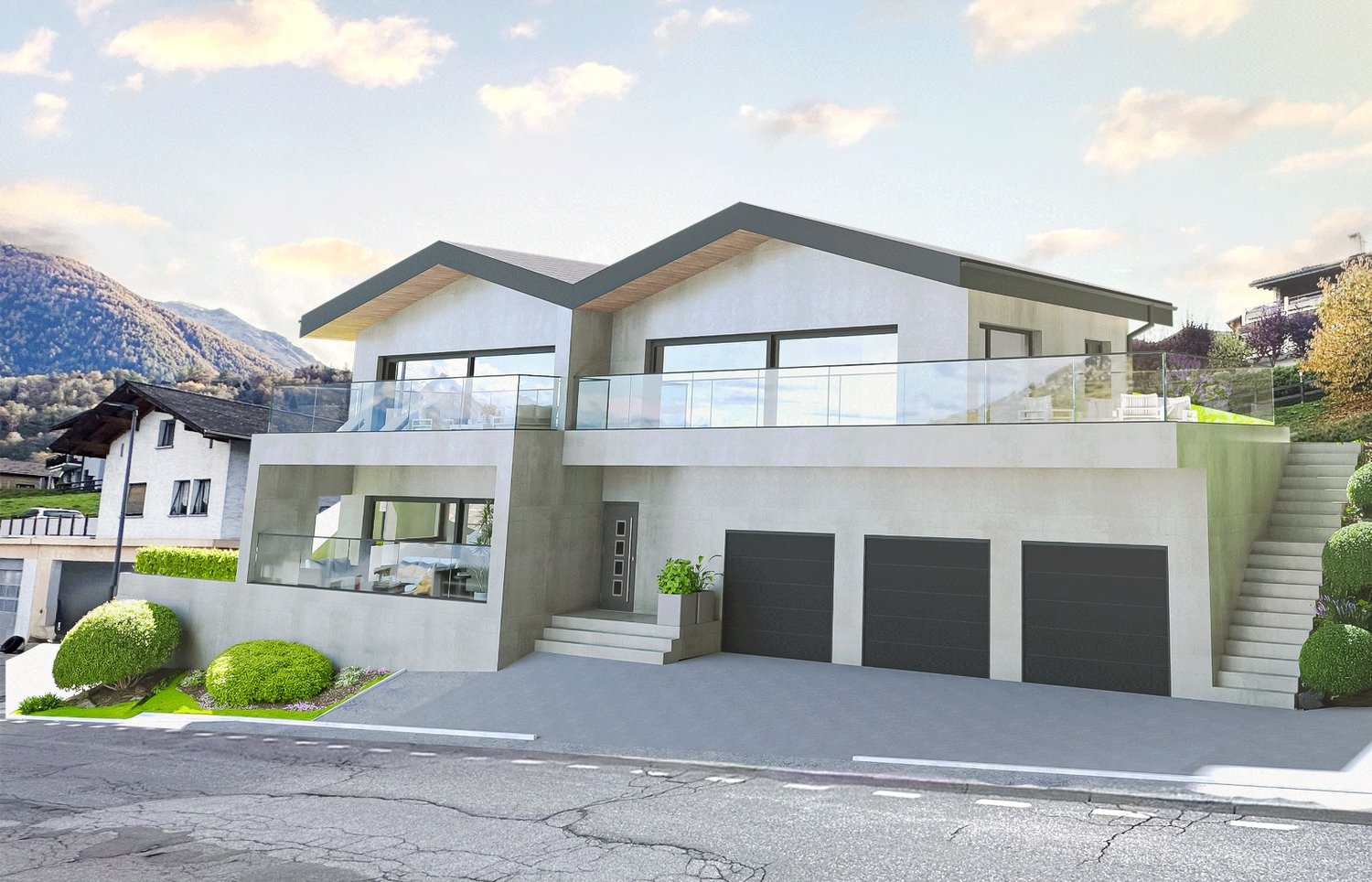 modern 2-story house, concrete exterior, large windows, balcony, staircases, three garages