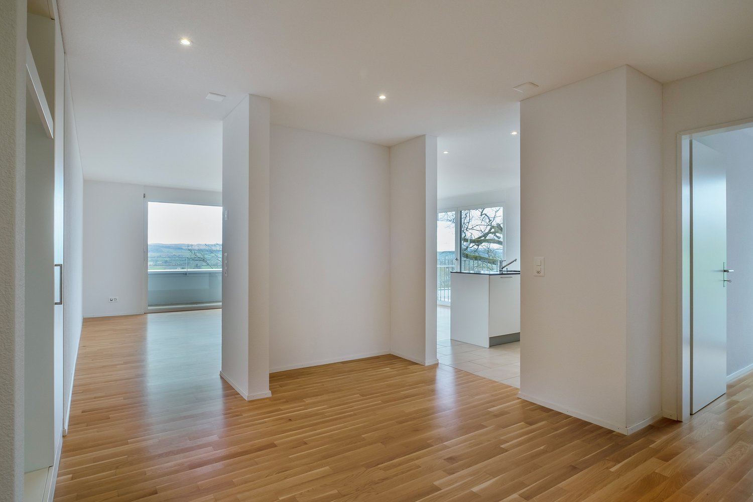 empty room, wooden floor, white walls, large windows, balcony, view
