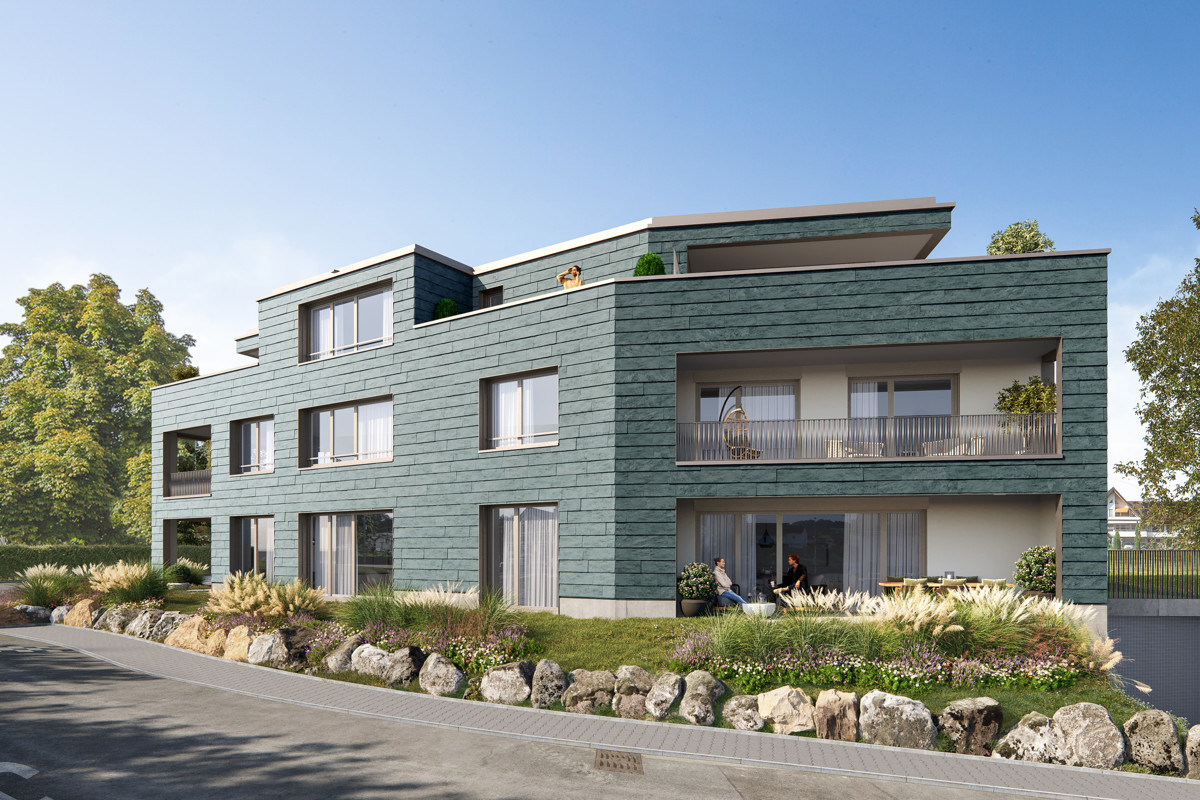 3 story house, green brick, glass windows, balconies, garden, flowers, trees