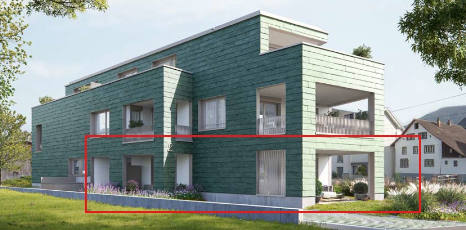 3 story house, green exterior, white windows, balconies, garden