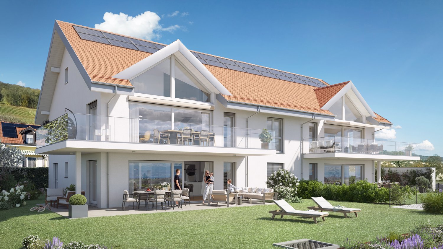 2-story house, white, solar panels, glass balcony, garden, terrace, lawn, chairs, table