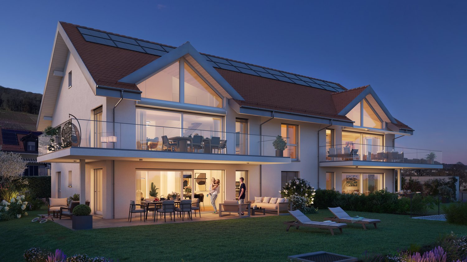 Double story house with large windows, balcony, solar panels, garden, dining area