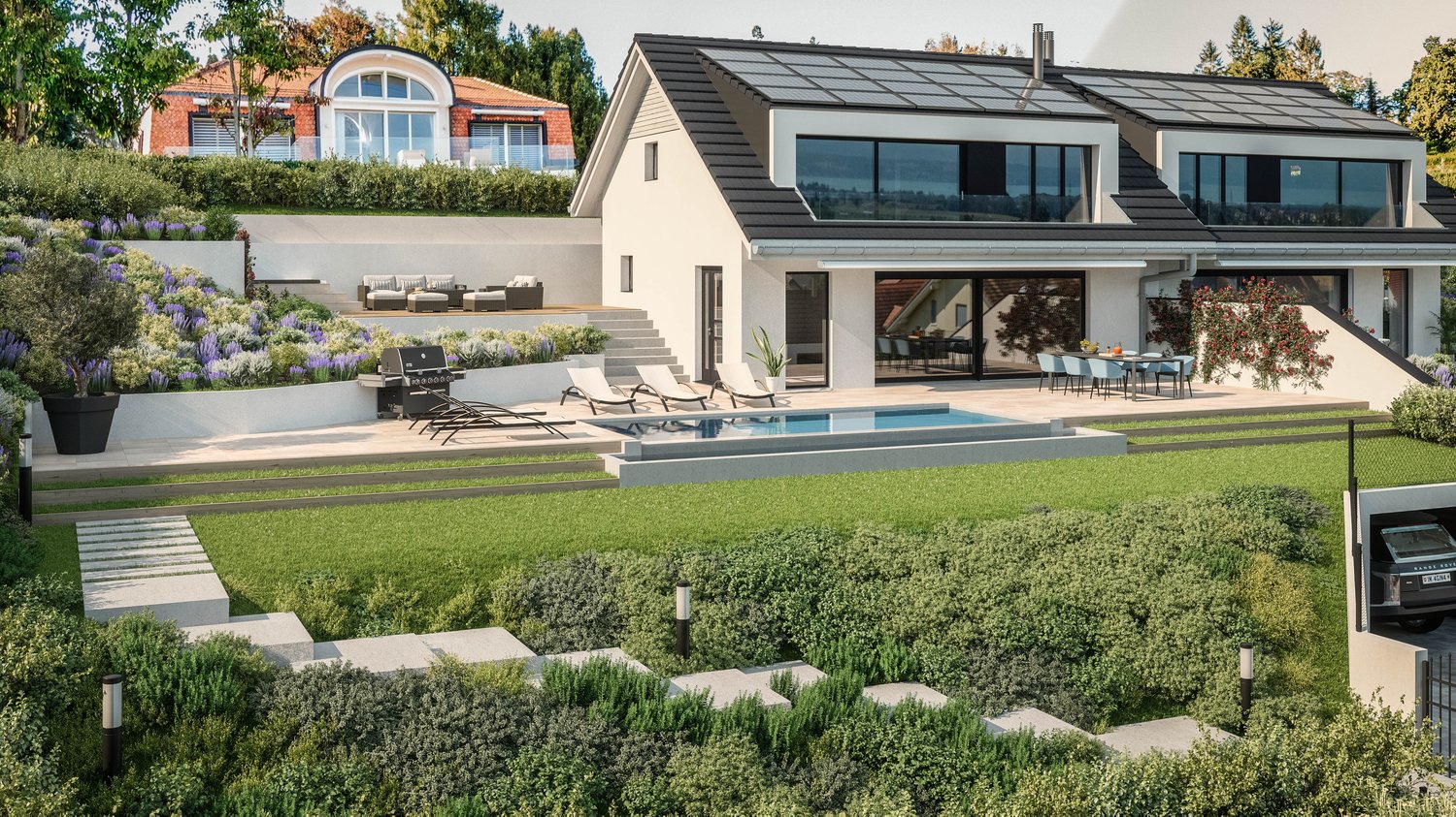 White house, solar panels, raised ground floor, pool, garden, deck with grill, patio furniture, carport