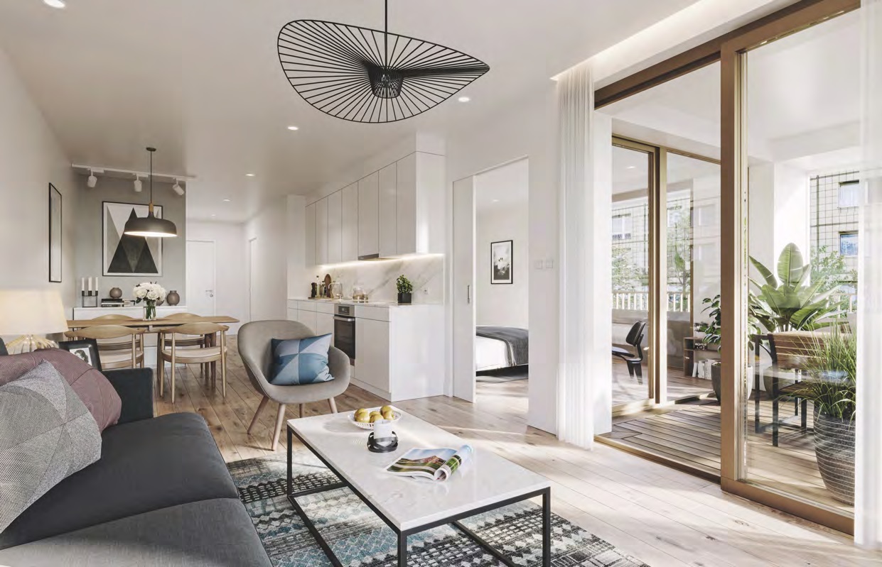 living room with dining room and kitchenette, sofa, armchair, coffee table, dining table, kitchen, glass balcony doors, balcony