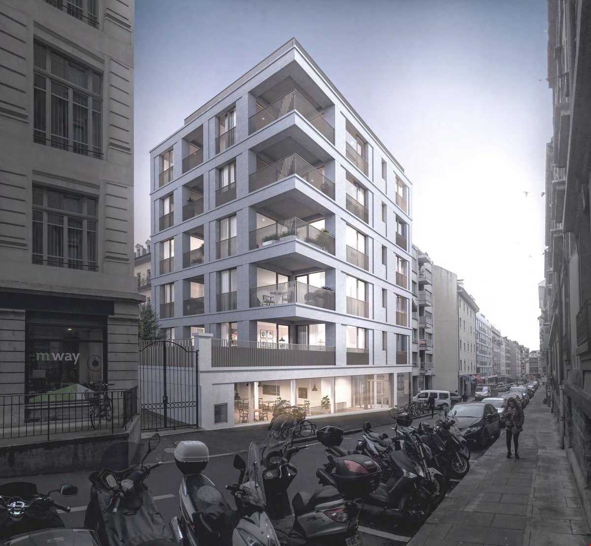 multistory building, balconies on each floor, white exterior, modern design, ground floor entrance