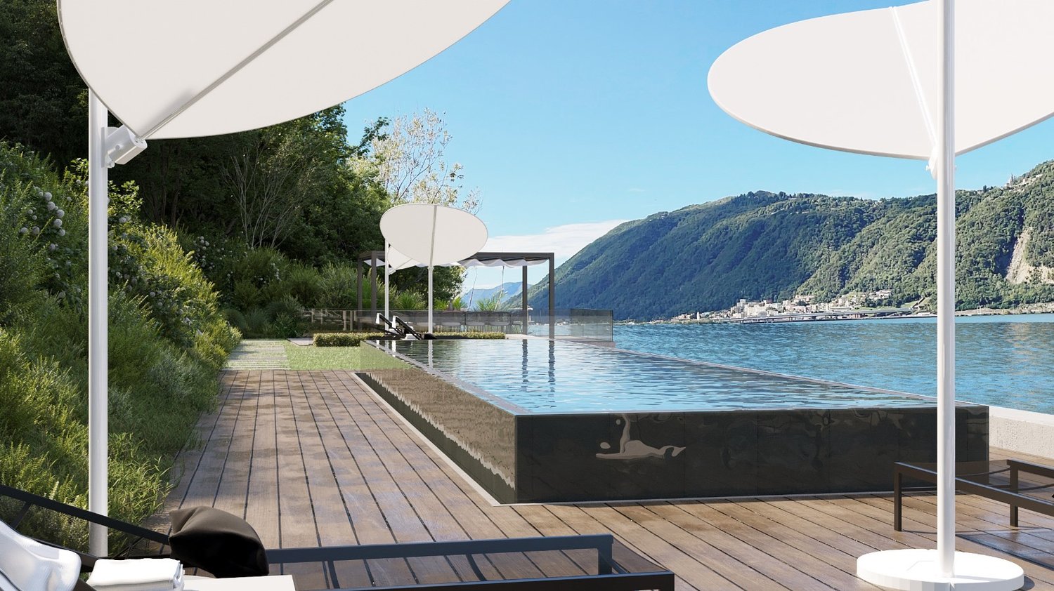wooden deck, swimming pool, lounge chairs, umbrellas, lake view, mountains