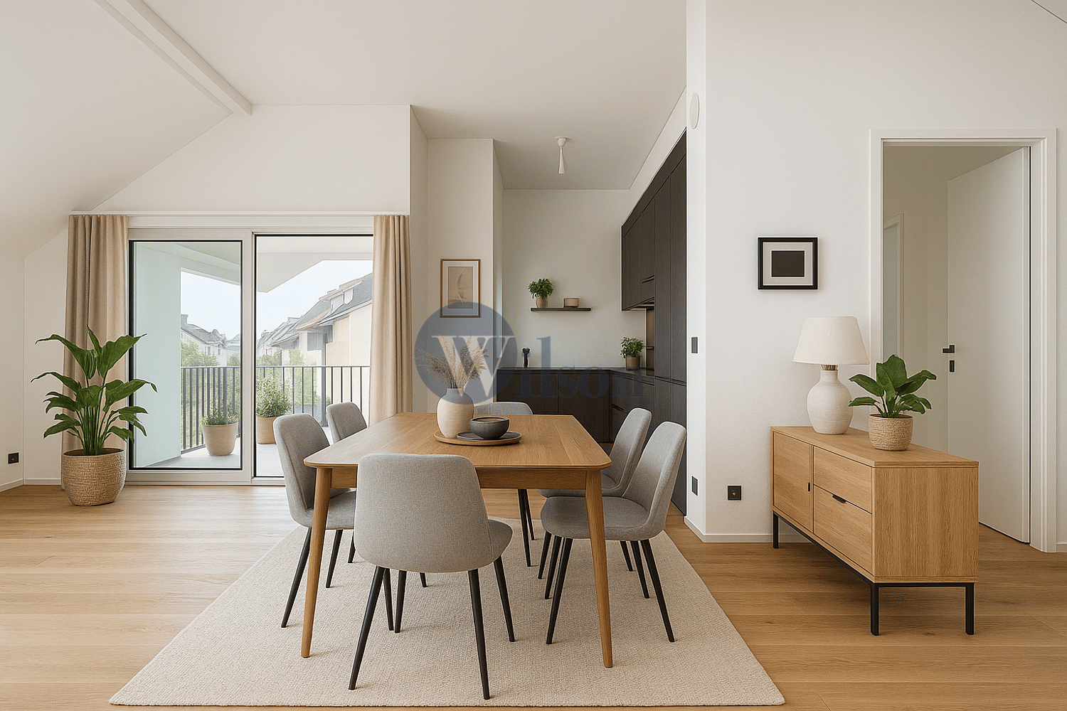 modern dining area with wooden table, chairs, open sliding door, plants, kitchen, wooden cabinet with lamp