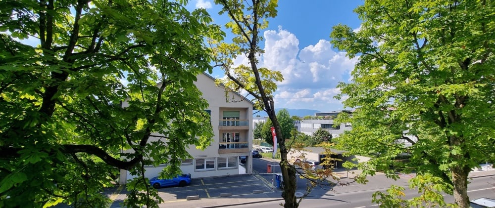 A multi-story building surrounded by lush green trees and foliage. The building has large windows and appears to be in a residential or commercial area.