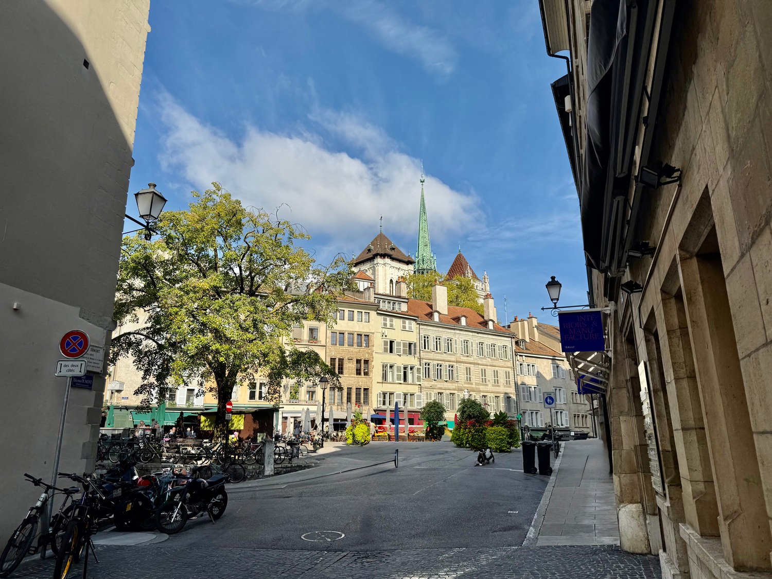 Street view with buildings, parked bicycles, trees, parked cars, street lamps, sign board, trash bins, and plants