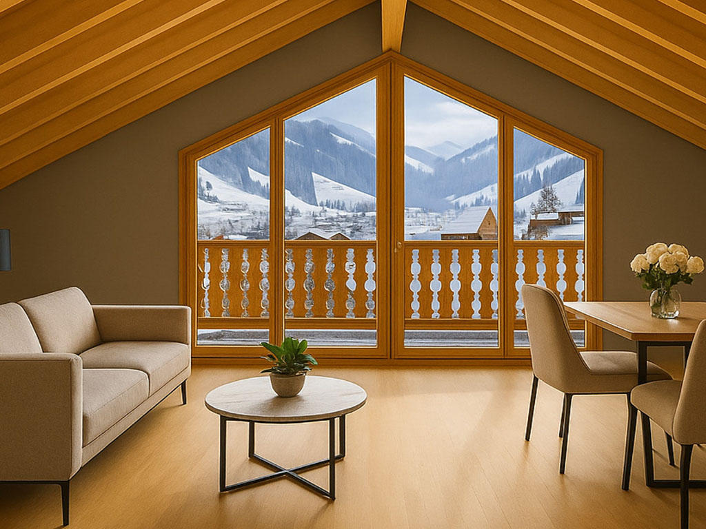 Cottage in the mountains: beige furniture, large glass windows, wooden floor, table, chairs, potted plants, wooden railing