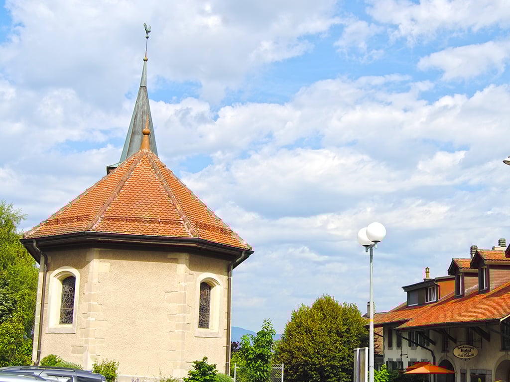 Building with brown roof, surrounded by trees and houses, clear blue sky, street light, mountain in distance
