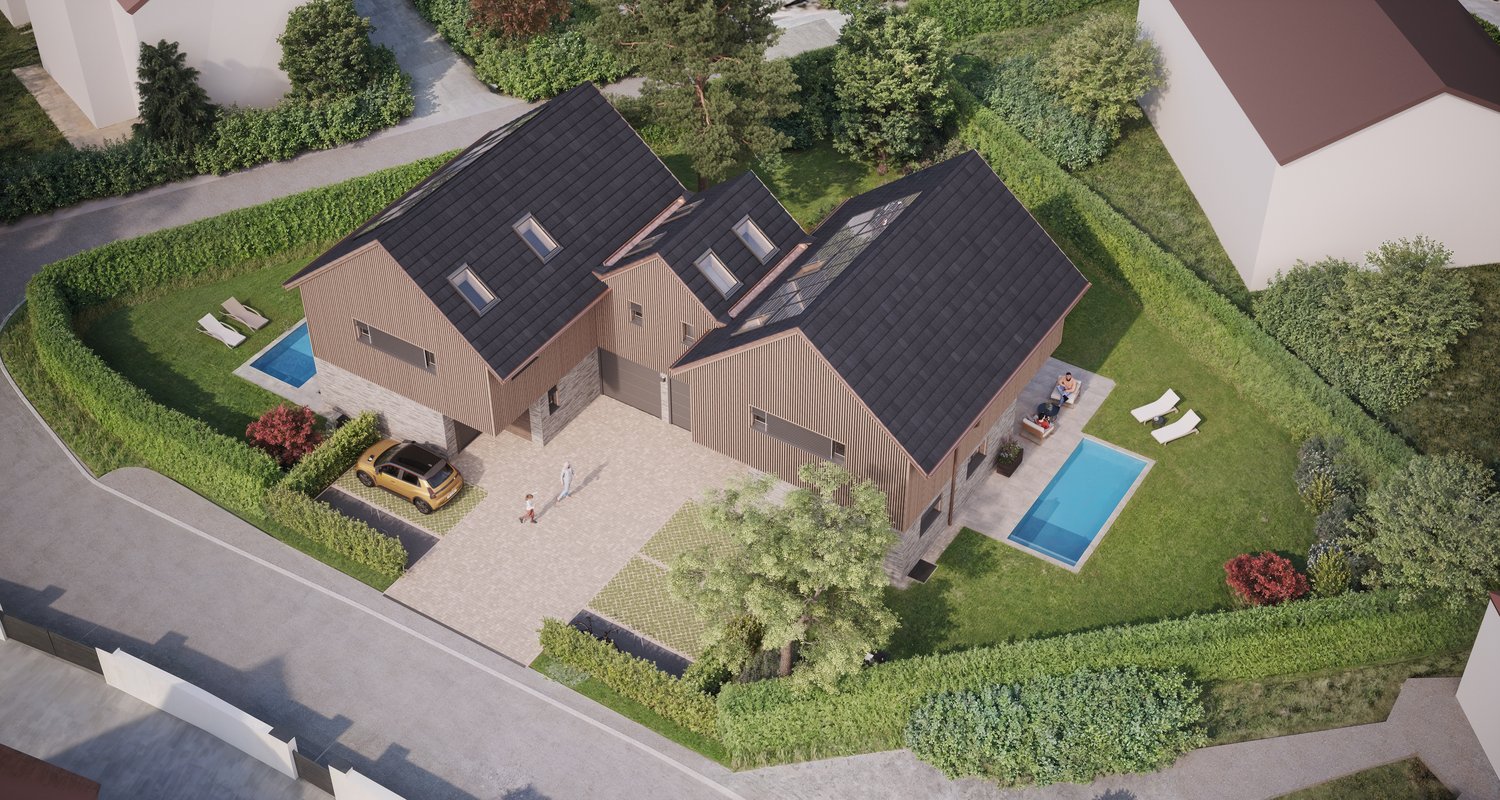 2 story house, brown exterior, black roof, garage, pool, lounge chairs