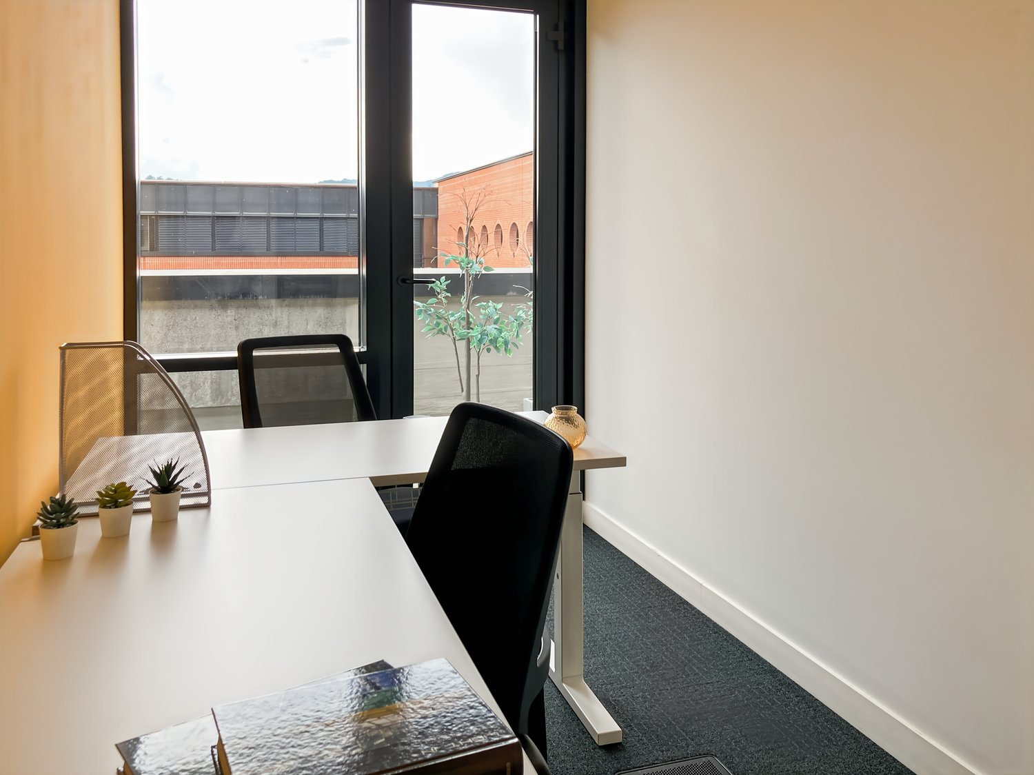 empty office, windows, black desks, black chairs, small potted plants, open terrace