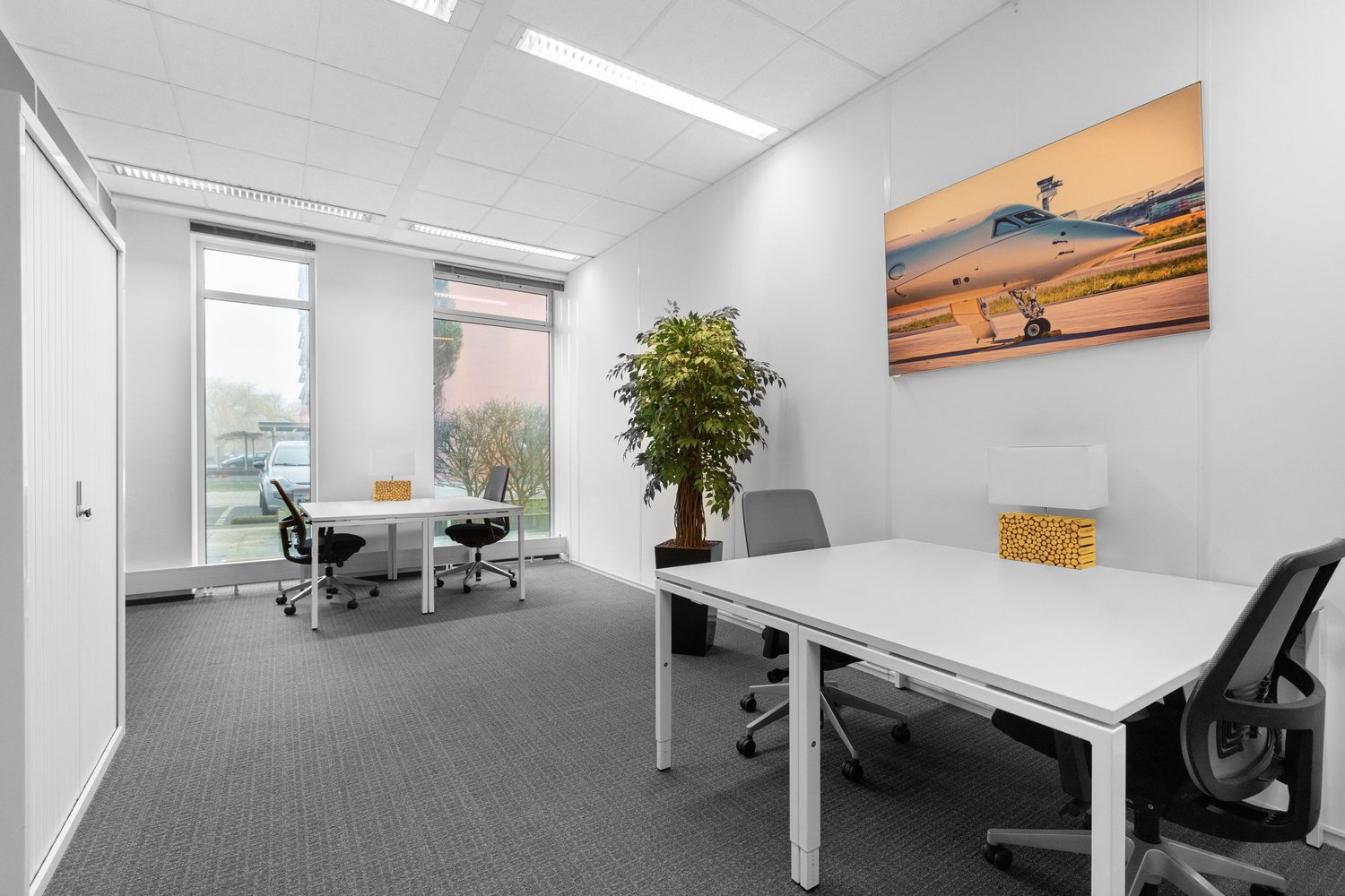 an empty office with two desks, office chairs, a large picture of a jet plane on the wall, and a potted tree