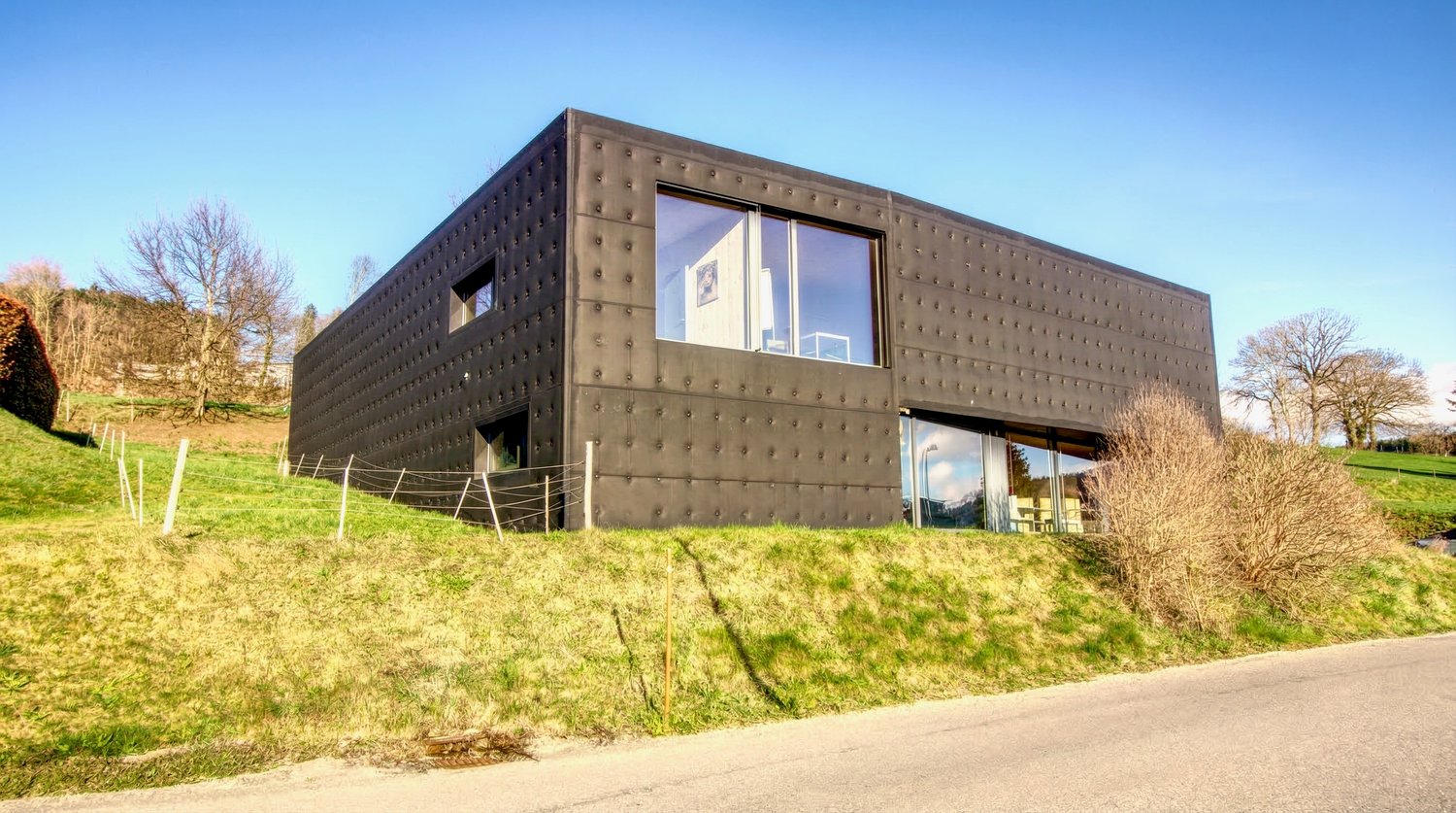 Modern house, black exterior, large windows, elevated position, surrounded by greenery