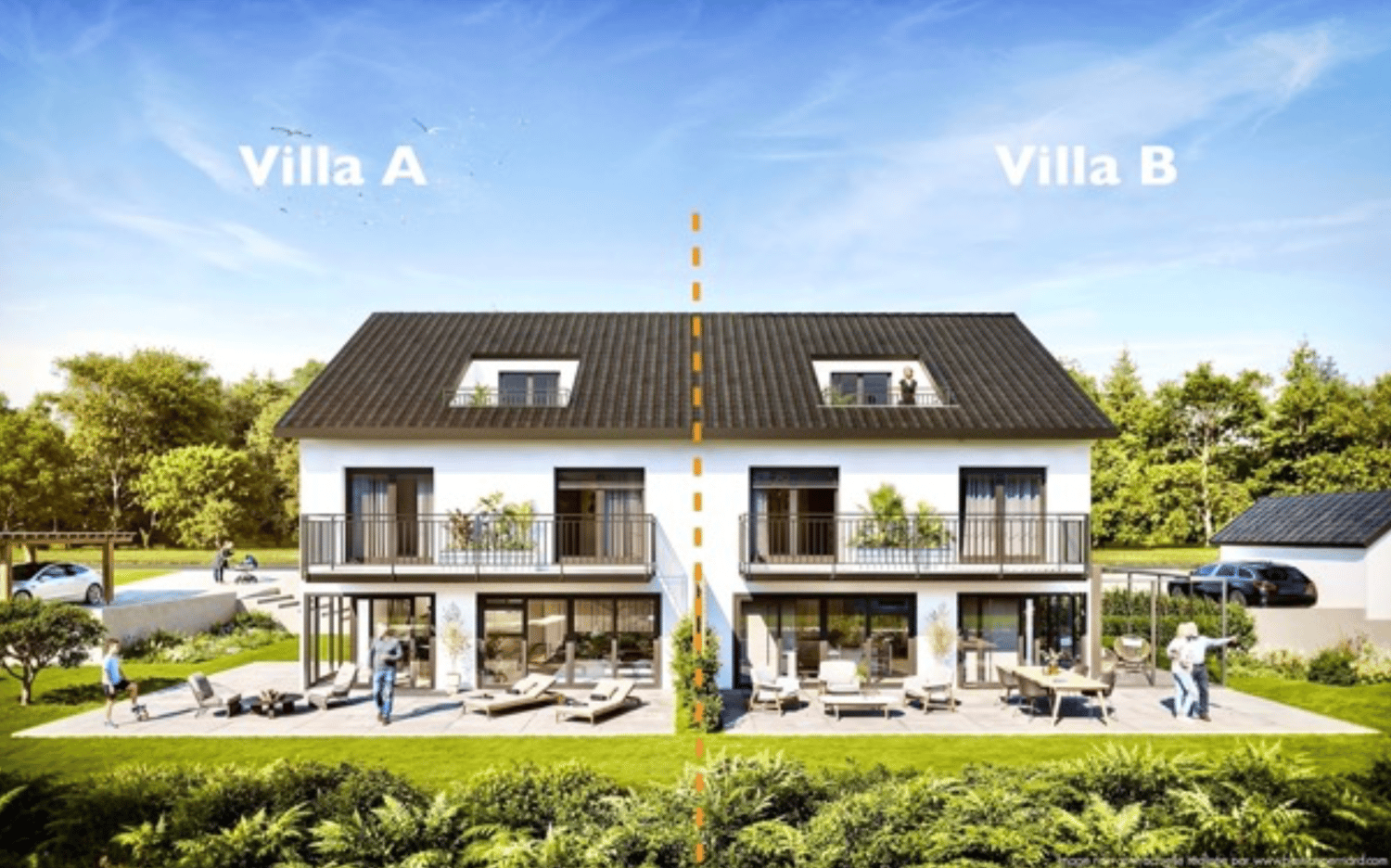 2 story house, black roof, white walls, balconies, garden, patio, cars parked