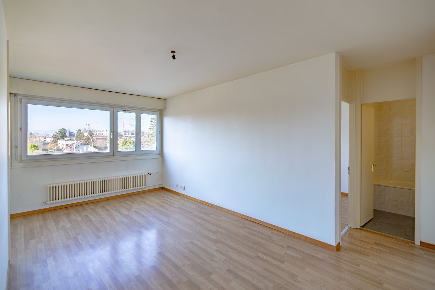 Empty room with white walls, wooden floor, large window, heater
