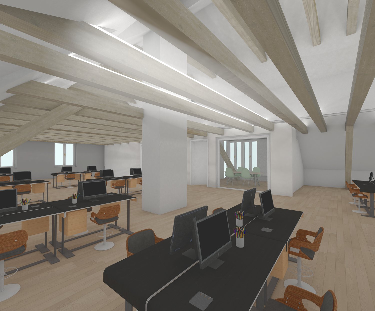 wooden ceiling, wooden floors, office desks, computer monitors, chairs