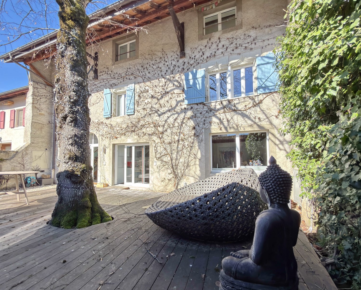 Traditional style building, large windows, wooden deck, Buddha statue, vine-covered facade