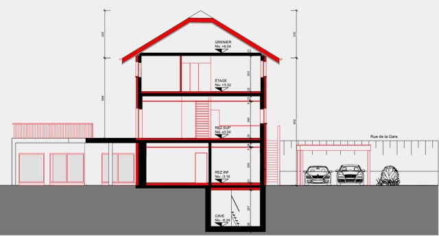 main floor with garage, upper floor, lower floor, car parking place, driveway