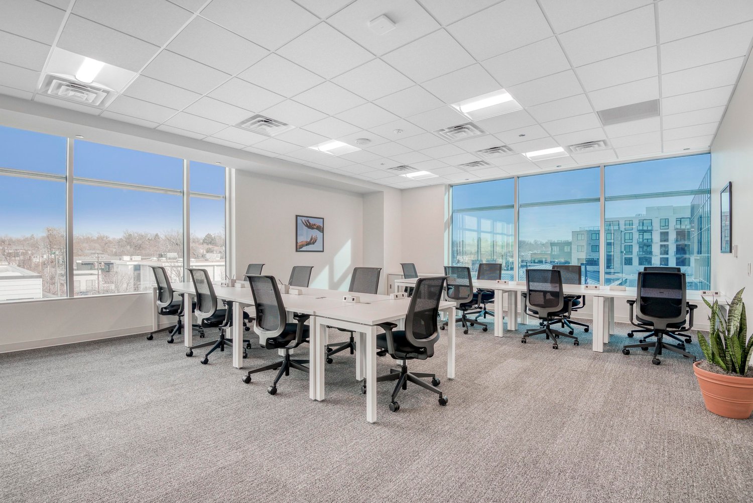 Large open office space with multiple workstations, floor-to-ceiling windows providing a view of the surrounding area, and a plant in a pot on the floor.