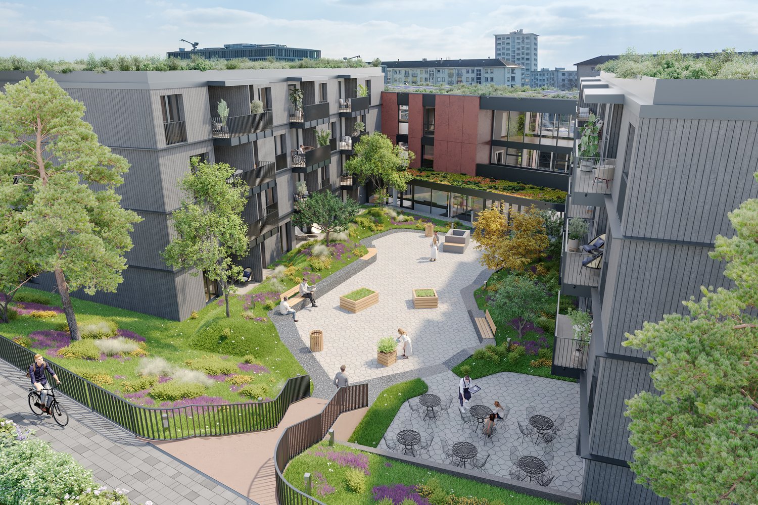 modern building complex, multiple buildings with balconies, rooftop greenery, central garden with seating areas and tables, pedestrian paths, and bicycles