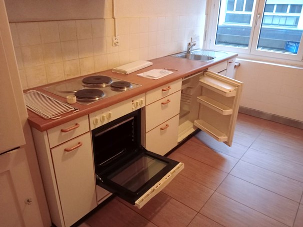 modern kitchen with tiled floor, electric stove, oven, sink, refrigerator, cabinets, open window