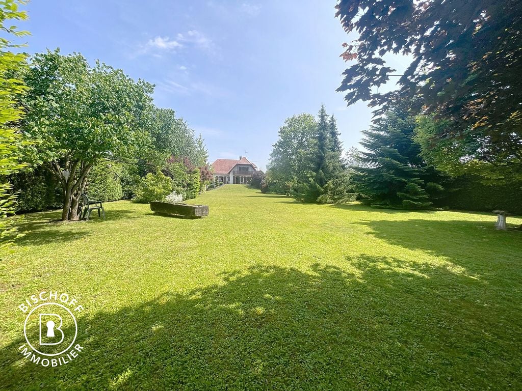 Large grassy yard with trees, a house in the background, and a bench in the foreground.