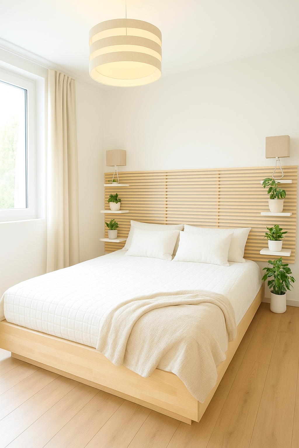 bed, headboard, bed sheet, pillow, blanket, lamps, plants, curtain, view of outside