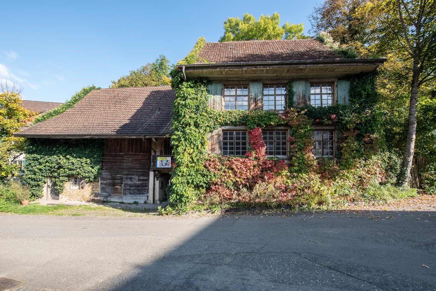 Old house with wooden exterior, brown tiled roof, covered in ivy, multiple windows, a small porch with a bench, and a sign