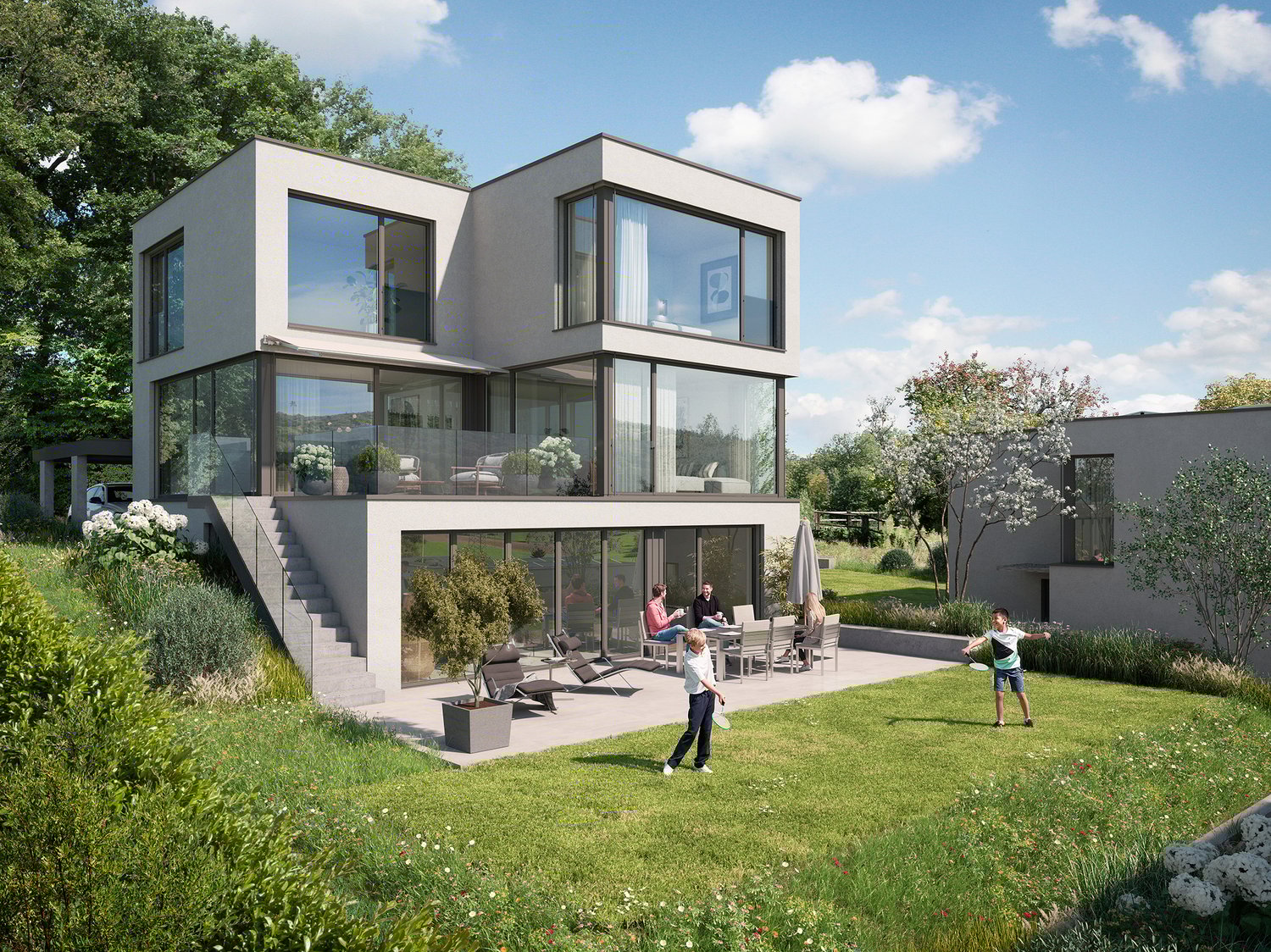 2 story house, modern style, large glass windows, terrace, grass lawn, children playing, family sitting outdoors