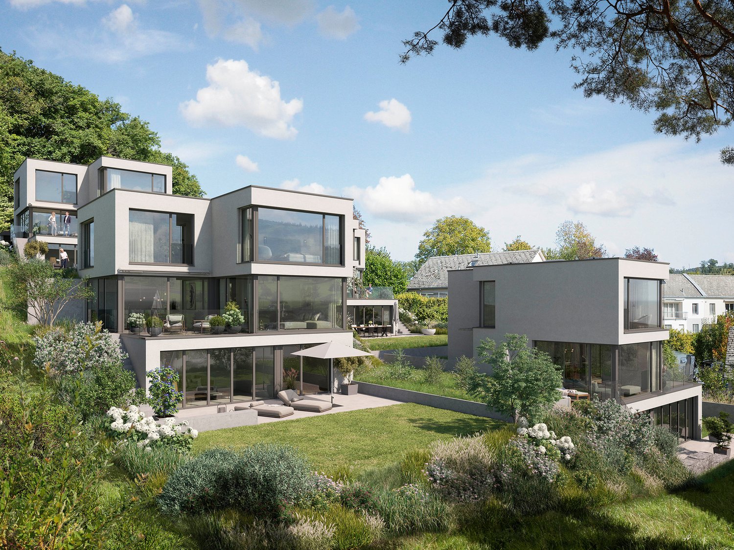 Modern design, large windows, balconies, terraces, surrounded by greenery, open space