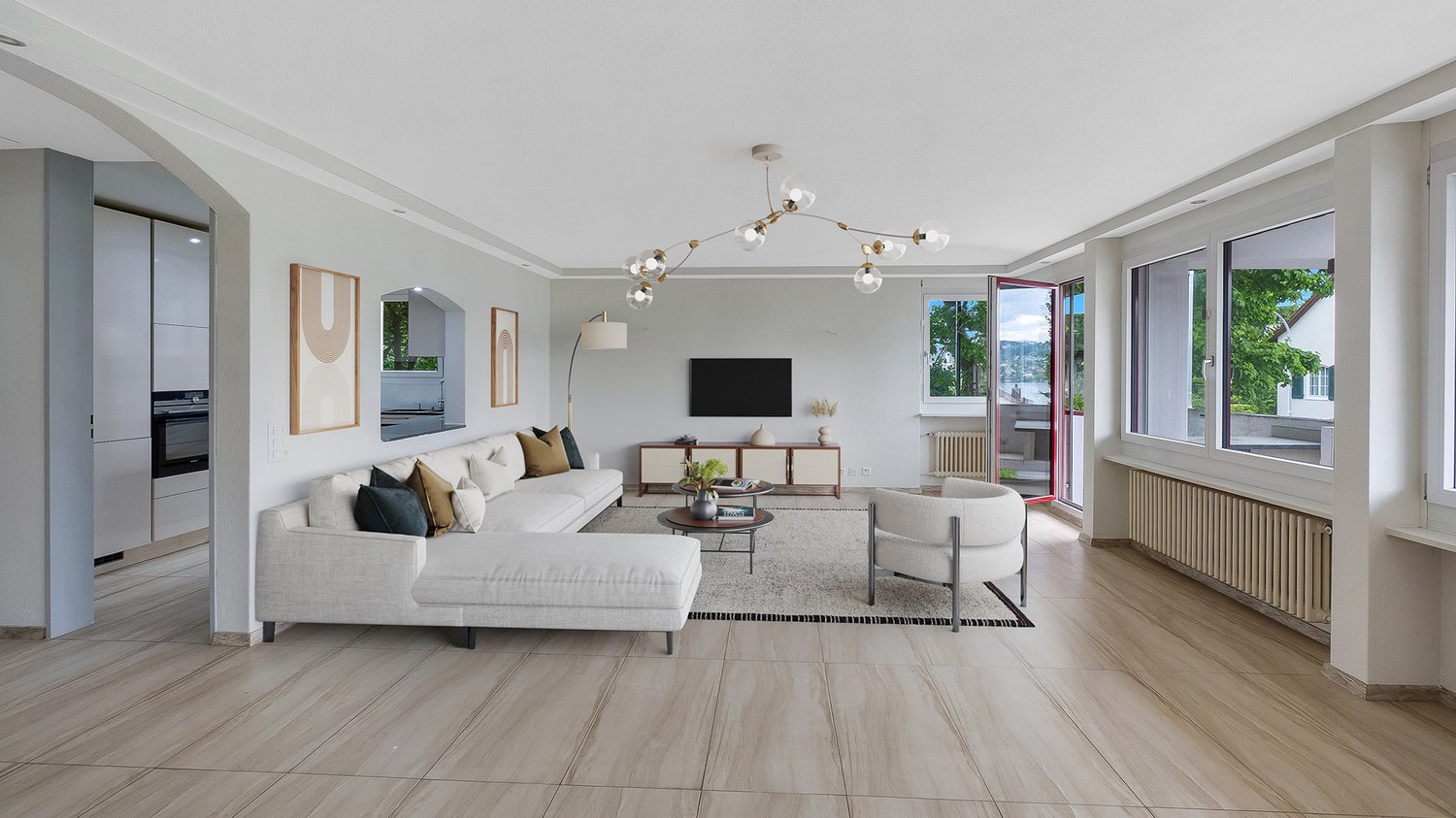 wooden floor, white sofa, coffee table, armchair, floor lamp, TV, radiator, balcony