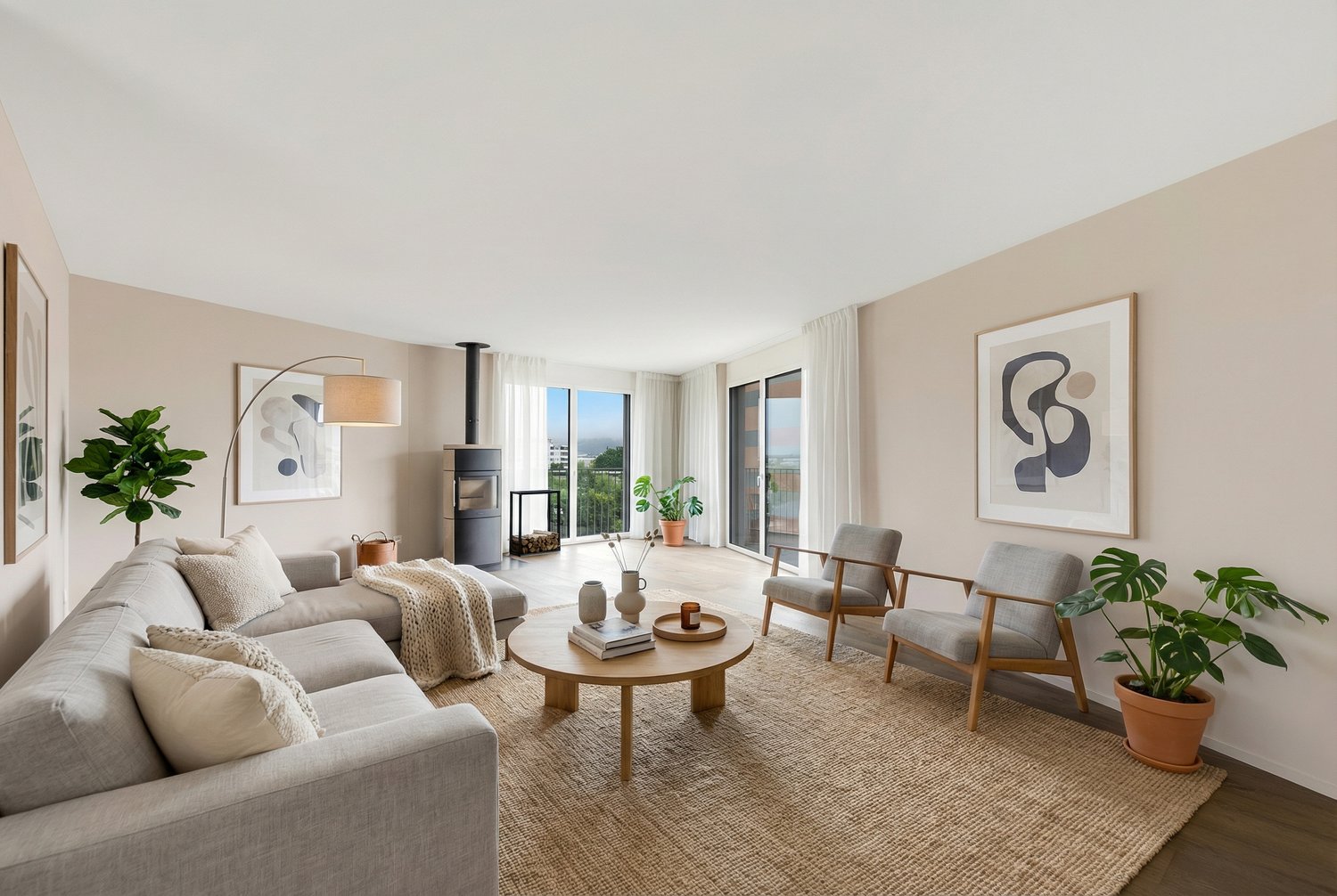 ample living room with sofa, chairs, coffee table, plants, fireplace, glass windows with curtains, balcony, carpet, lamp