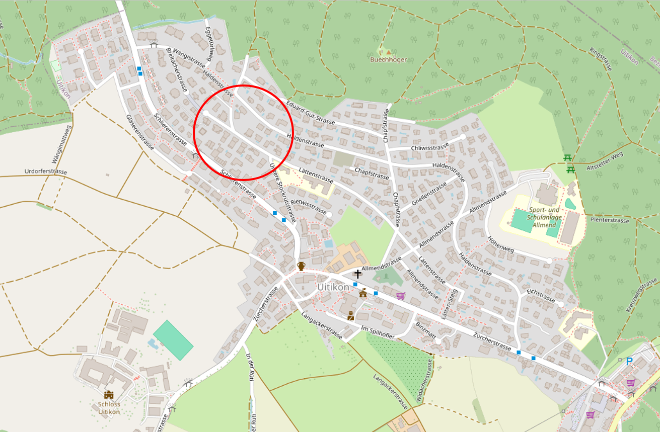 Map of Uetikon, highlighting a specific building location.