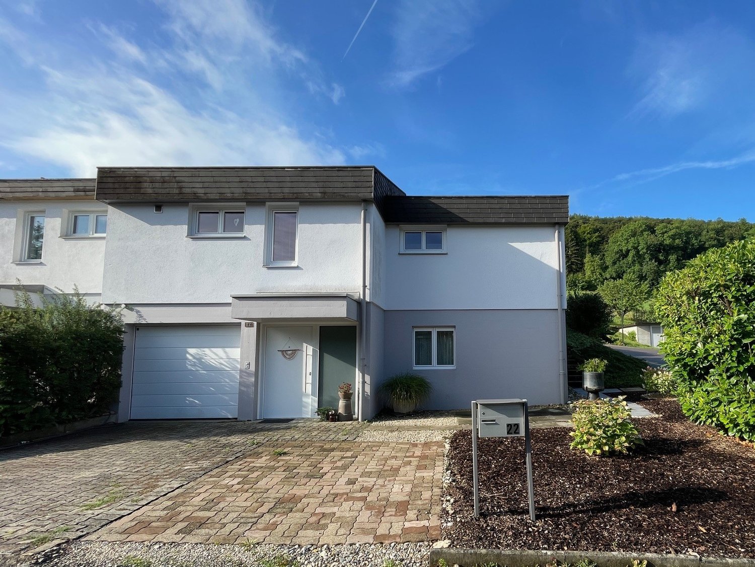 2-storey house, white exterior, large garage, driveway, small shrubs and plants in front