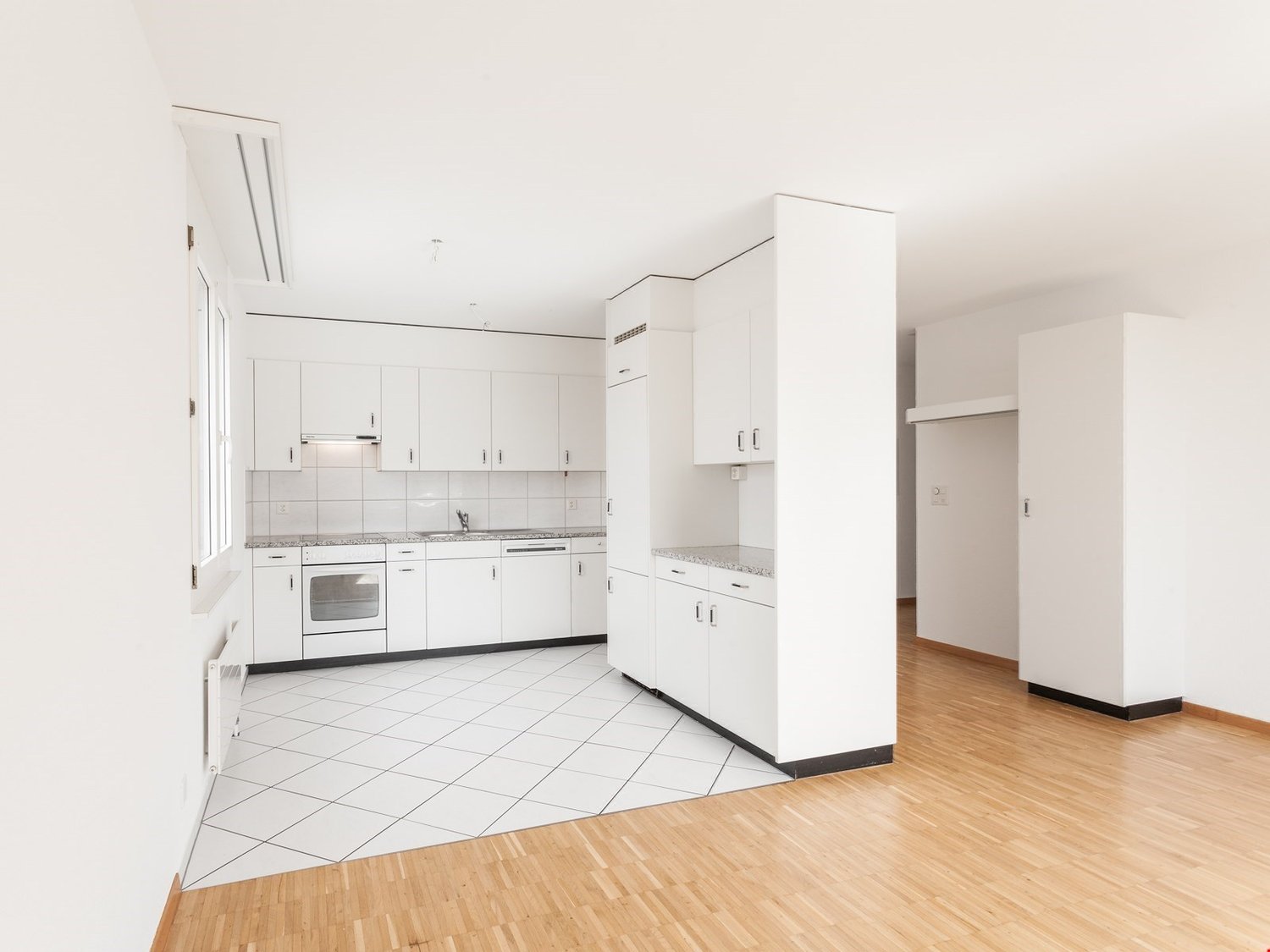 modern design kitchen with all appliances, white cabinets, wooden floor