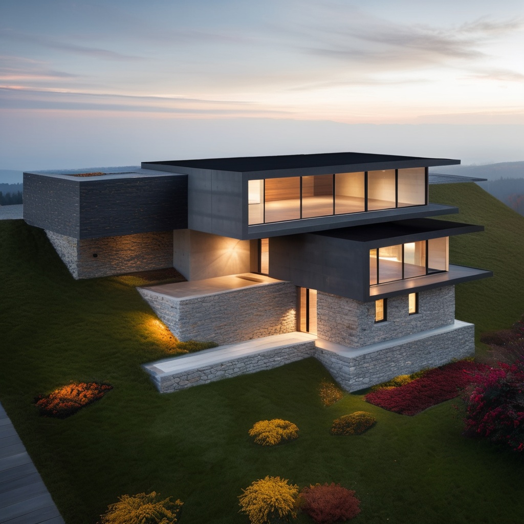 Modern two-story house with a flat roof, large windows, and a stone exterior. The house has a balcony or terrace on the upper level. The property is surrounded by a well-landscaped garden with various plants and shrubs.
