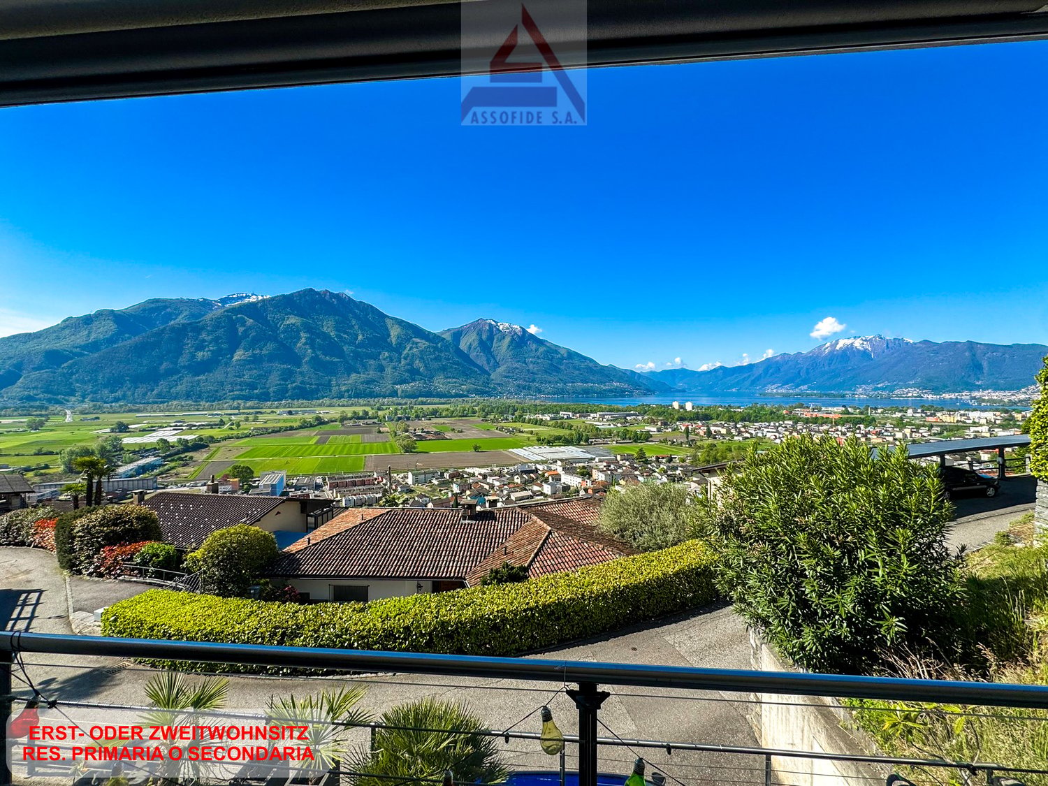 Mountains, valley, houses, greenery, road, water